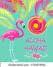 Tropical Hawaiian party poster with pink flamingo, Frangipani flowers, hot sun and coconut palm leaves. Template design. Vector illustration