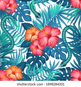 Tropical hawaiian pattern with snakes, palm leaves and hibiscus flowers