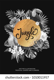 Tropical Hawaiian poster with birds, palm leaves and exotic flowers on a black background. Round frame. Vector illustration. 