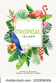 Tropical Hawaiian poster with birds, palm leaves and exotic flowers. Square frame. Vector illustration.