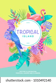 Tropical Hawaiian poster with birds, palm leaves and exotic flowers. Round frame. Vector illustration.