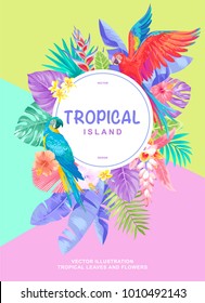 Tropical Hawaiian Poster With Birds, Palm Leaves And Exotic Flowers. Round Frame. Vector Illustration.