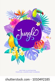 Tropical Hawaiian poster with birds, palm leaves and exotic flowers. Round frame. Vector illustration.