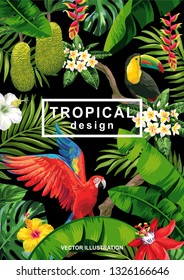 Tropical Hawaiian poster with birds, palm leaves and exotic flowers on a black background. Square frame. Vector illustration.