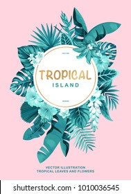 Tropical Hawaiian poster with palm leaves and exotic flowers. Round frame. Vector illustration.