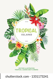 Tropical Hawaiian poster with palm leaves and exotic flowers. Round frame. Vector illustration.