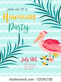 Tropical Hawaiian Poster with pelican. Party template. Invitation, banner, card