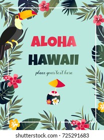 Tropical Hawaiian Poster with toucan. Party template. Invitation, banner, card