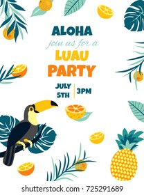 Tropical Hawaiian Poster with toucan. Party template. Invitation, banner, card