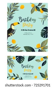 Tropical Hawaiian Poster with toucan. Party template. Invitation, banner, card