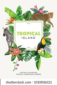 Afiche tropical hawaiano con animales salvajes, pájaros, hojas de palma y flores exóticas. Marco cuadrado. Ilustración vectorial.