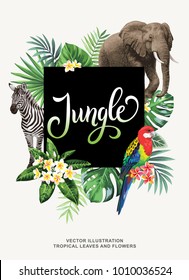 Tropical Hawaiian poster with wild animals, birds, palm leaves and exotic flowers. Square frame. Vector illustration.