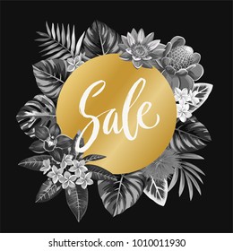Tropical Hawaiian sale flyer with palm leaves and exotic flowers on a black background. Round frame. Vector illustration.