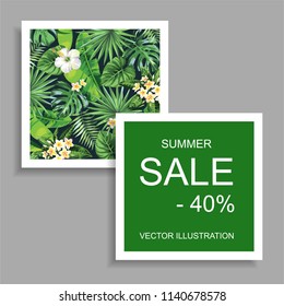 Tropical Hawaiian sale flyer with palm leaves and exotic flowers. Template design. Vector illustration.