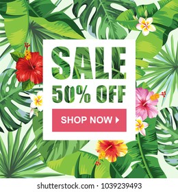 Tropical Hawaiian sale flyer. Square frame. Vector illustration.