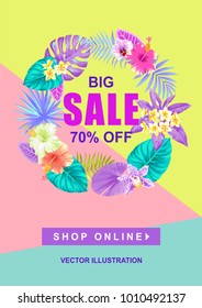 Tropical Hawaiian sale poster with birds, palm leaves and exotic flowers. Round frame. Vector illustration.