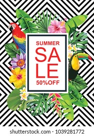 Tropical Hawaiian sale poster with birds, palm leaves and exotic flowers. Vector illustration.