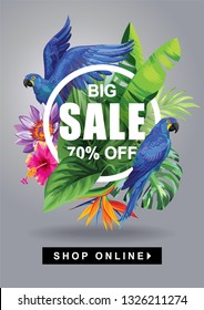 Tropical Hawaiian sale poster with birds, palm leaves and exotic flowers on a grey background. Round frame. Vector illustration.