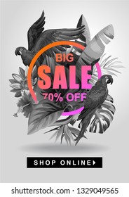 Tropical Hawaiian sale poster with birds, palm leaves and exotic flowers. Vector illustration.