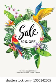 Tropical Hawaiian sale poster with birds, palm leaves and exotic flowers. Template design. Round frame. Vector illustration.