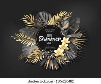 Tropical Hawaiian sale poster with gold and black palm leaves and exotic flowers on a dark gray background. Round frame. Vector illustration.