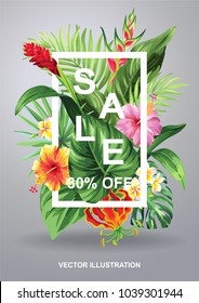 Tropical Hawaiian sale poster with palm leaves and exotic flowers. Square frame. Vector illustration.