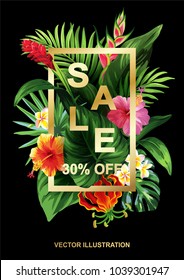 Tropical Hawaiian sale poster with palm leaves and exotic flowers on a black background. Square frame. Vector illustration.