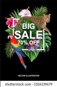 Tropical Hawaiian sale poster with wild animals, birds, palm leaves and exotic flowers. Square frame. Vector illustration.