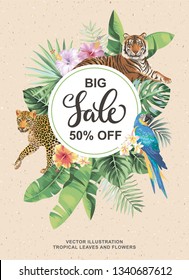 Tropical Hawaiian sale poster with wild animals, birds, palm leaves and exotic flowers. Template design. Vector illustration.