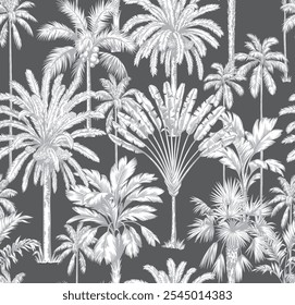 Tropical Hawaiian seamless pattern with palm trees and leaves.Botanical background.Linear style.Vector illustration.Black and white sketch.Foliage design for wallpaper, textile and wrapping paper.