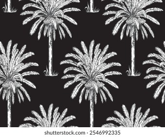 Tropical Hawaiian seamless pattern with palm trees and leaves.Botanical illustration.Black and white sketch.Linear style.Vector natural elements on a black background.