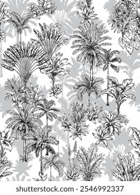 Tropical Hawaiian seamless pattern with palm trees and leaves.Botanical background.Linear style.Vector illustration.Black and white sketch.Foliage design for wallpaper, textile and wrapping paper.