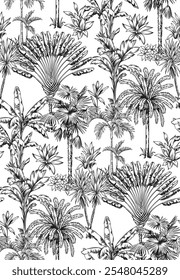 Tropisches hawaiianisches nahtloses Muster mit Palmen und Blättern.Botanischer Hintergrund.Linearer Stil.Vektorgrafik.Schwarz-Weiß-Skizze.Blattdesign für Tapeten, Textilien und Verpackungspapier.