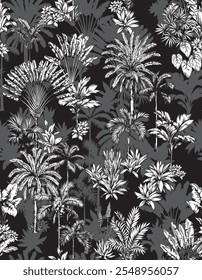 Tropical Hawaiian seamless pattern with palm trees and leaves.Botanical illustration.Black and white sketch.Linear style.Vector natural elements on a black background.