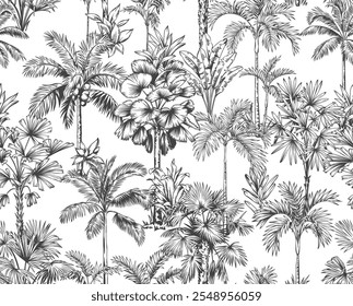 Tropisches hawaiianisches nahtloses Muster mit Palmen und Blättern.Botanischer Hintergrund.Linearer Stil.Vektorgrafik.Schwarz-Weiß-Skizze.Blattdesign für Tapeten, Textilien und Verpackungspapier.