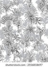 Tropical Hawaiian seamless pattern. Palm trees and leaves. Black and white hand drawn sketch. Botanical background in grey colors. Vector illustration. Foliage design.