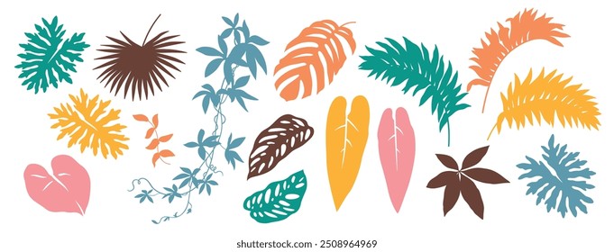 Tropical Hawaiian set with palm leaves and exotic plants. Abstract botanical illustration. Vector colored simple elements isolated on a white background. 