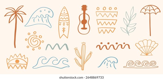 Coleção de ilustrações de vetor de verão tropical havaiano. Elementos de design de palmeiras, cactos, ondas do oceano. Praia simples boho mão desenhada doodle esboços set.