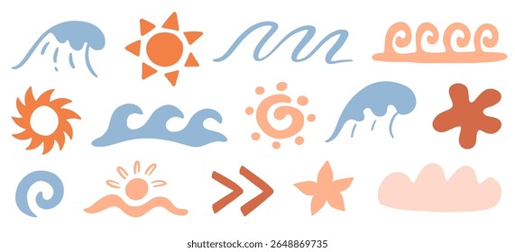 Tropical hawaiian summer vector illustration collection. Sun signs, ocean waves design elements. Beach simple boho hand drawn doodle sketches set.