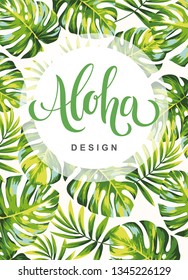 Tropical Hawaiian template design with palm leaves. Greeting card. Party invitation. Round frame. Vector illustration.