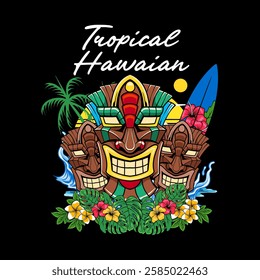 Tropical Hawaiian Tiki Mask Mascot Cartoon Character Illustration