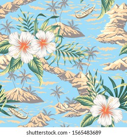 
Tropical Hawaiian Vintage Botanical Island, Sea Waves, Boat, White Hibiscus, Palm Leaves Summer Floral Seamless Pattern Blue Background.Exotic Jungle Wallpaper.