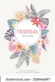 Tropical Hawaiian vintage design. Round frame. Vector illustration