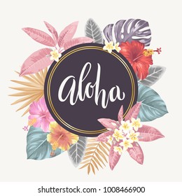 Tropical Hawaiian vintage design. Round frame. Vector illustration