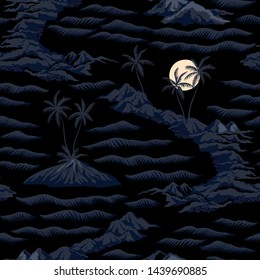 Tropical Hawaiian vintage night, sea waves, moon, island, palm tree seamless pattern black background. Exotic dark jungle wallpaper.