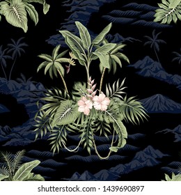 Tropical Hawaiian vintage night, sea waves, island, palm tree, palm leaves, hibiscus flower seamless pattern black background. Exotic dark jungle wallpaper.