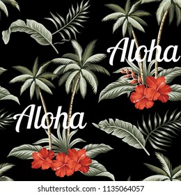 Tropical Hawaiian vintage palm trees, red hibiscus and banana leaves floral seamless pattern. Aloha slogan illustration.