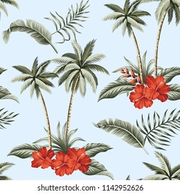 Tropical Hawaiian vintage palm trees, red hibiscus and banana leaves floral seamless pattern. Exotic summer wallpaper.