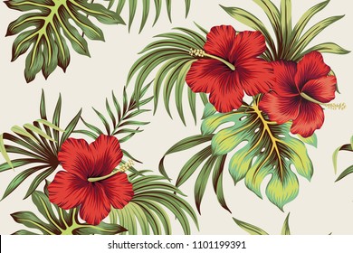 Tropical Hawaiian vintage red hibiscus floral green leaves seamless pattern white background. Exotic jungle wallpaper.