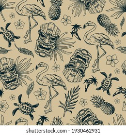 Tropical hawaiian vintage seamless pattern with flamingo birds feathers pineapples turtles wooden tiki masks palm trees exotic leaves and flowers in monochrome style vector illustration